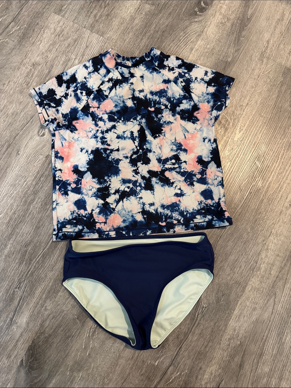 Athleta Girl Tie-Dye Short Sleeve Swim Rashguard Top with Navy Bikini Bottoms